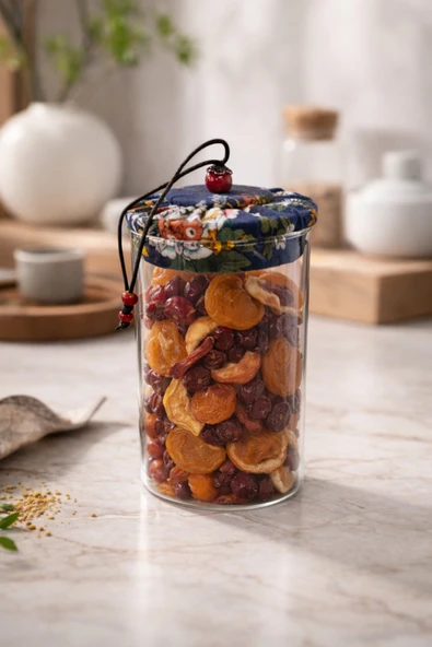 MAKRİ HOME 650 ml Borosilikat Cam Hava Geçirmez Lacivert Kumaş Kaplama Bambu Kapaklı Kavanoz,çap: 8 cm,h: 18 cm ürün görseli 1