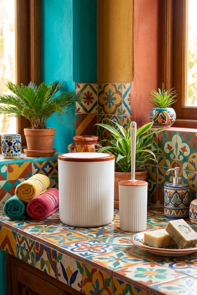 MAKRİ HOME Elegan Kahve Beyaz 2’li Banyo Seti – 6 litre Çöp Kovası & WC Fırçalık Takımı ürün görseli 1