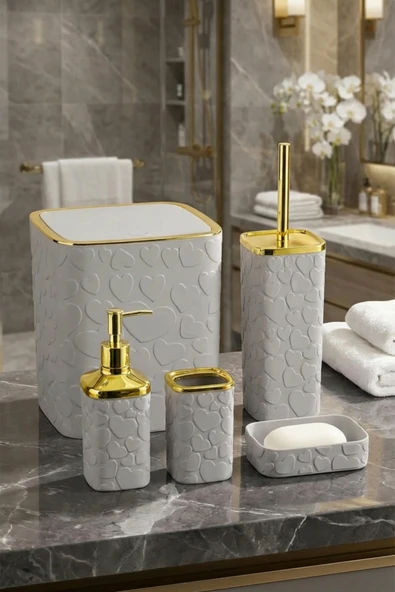 MAKRİ HOME 5 Parça Banyo Seti, Kalp Desenli, Gri Gold, Kare, Click Kapaklı, Hacim: 8 litre ürün görseli 1