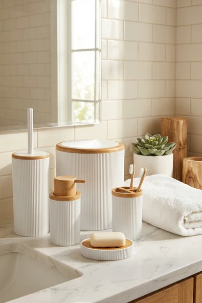MAKRİ HOME Beyaz Bambu Desenli 5 Parça Banyo Seti Çöp Kovası, WC Fırçalık, Sıvı Sabunluk, Diş Fırçalık,Sabunluk ürün görseli 1