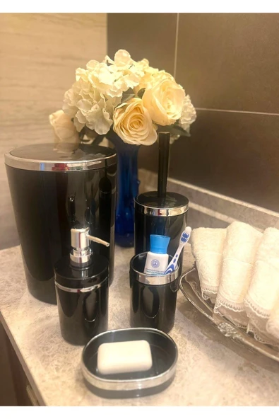 MAKRİ HOME Banyo Seti 5'li, Yuvarlak, Akrilik-Çöp Kovası, WC Fırçalık, Sıvı Sabunluk, Diş Fırçalık, El Sabunluk ürün görseli 1