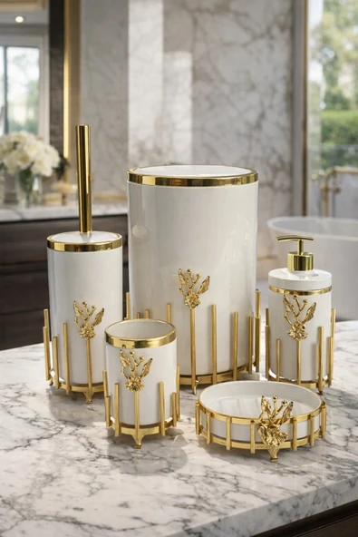 MAKRİ HOME Gold Kaplama Metal Stantlı 5 Parça Mermer Desenli ve Düz Renk Seçenekli Banyo Aksesuar Takımı ürün görseli 1