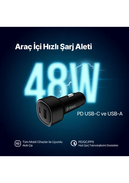 Ttec Smartcharger Duo Pd 48W Araç Hızlı Şarj Aleti Usb-C+Usb-A ürün görseli 1