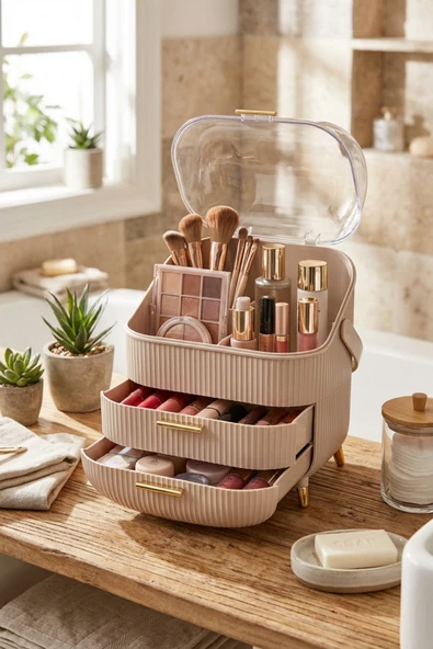 MAKRİ HOME Cappuccino Renk Kapaklı Makyaj Organizeri–3 Katlı, Şeffaf Kubbeli, Çekmeceli Düzenleyici ürün görseli 1