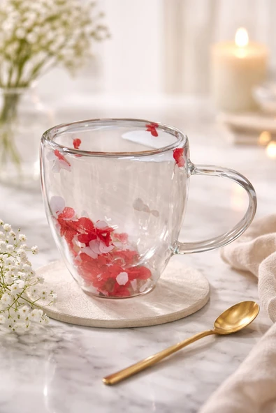 MAKRİ HOME Kırmızı Beyaz Çiçekli Çift Cidarlı Cam Kupa, 350 ml, 11 cm x 8 cm ürün görseli 1