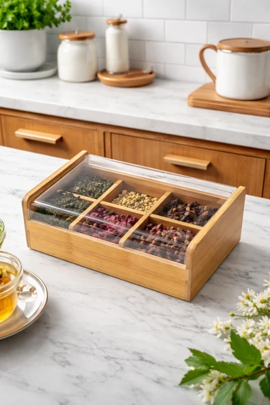 MAKRİ HOME Bambu 6 Bölmeli Düzenleyici Kutu, Şeffaf Kapak ürün görseli 1