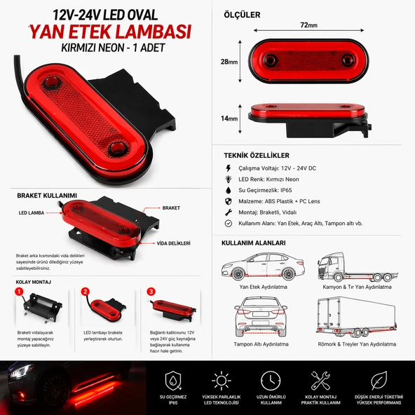 Mega Oto Market 12V-24V LED Oval Braketli Yan Etek Lambası Kırmızı Neon Araç Altı Aydınlatma 1 Adet ürün görseli 1