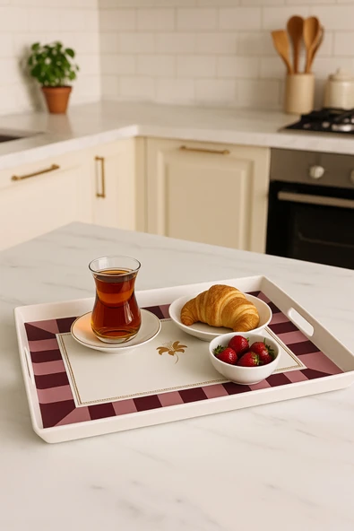MAKRİ HOME Çizgili Desenli Servis Tepsisi 38x28x3,5 cm, Bordo ürün görseli 1