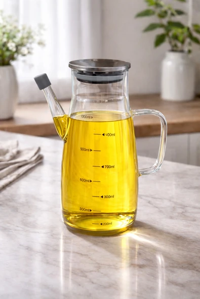 MAKRİ HOME 1000 ml Cam Yağlık Sirkelik Sürahi, 22 cm Yükseklik, 10 cm Çap, Paslanmaz Çelik Kapaklı ürün görseli 1