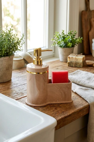 MAKRİ HOME Mutfak Veya Banyo İçin Şık Altın Rengi Detaylı Süngerlikli Sıvı Sabunluk , Yerli Üretim ürün görseli 1