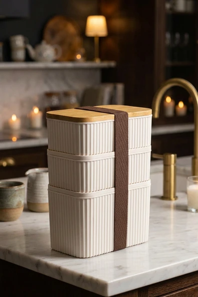 MAKRİ HOME 3'lü Bambu Kapaklı Saklama Kabı Seti – 1L + 0,5L + 0,5L, Üst Üste Yerleştirilebilir, 21 cm Yükseklik ürün görseli 1