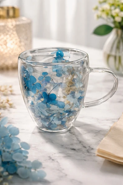 MAKRİ HOME Mavi Çiçekli Çift Cidarlı Cam Kupa, 350 ml, 11 cm x 8 cm ürün görseli 1