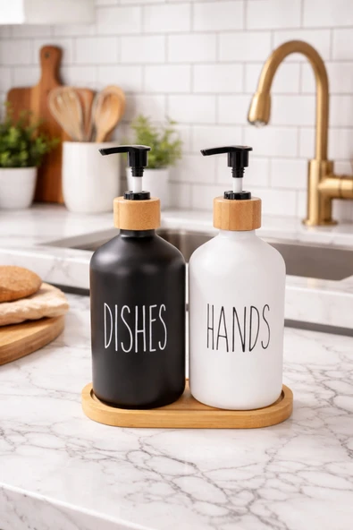 MAKRİ HOME Bambu Altlıklı Bambu Kapaklı İkili Cam Sıvı Sabunluk & Deterjanlık Seti – 2×500 ML- 16,5 x 9 x 21 cm ürün görseli 1