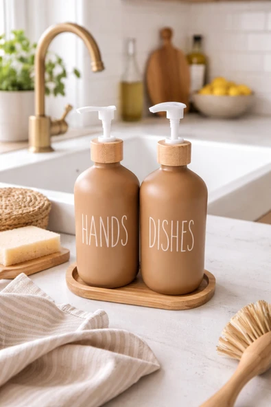 MAKRİ HOME Bambu Altlıklı Bambu Kapaklı İkili Cam Sıvı Sabunluk & Deterjanlık Seti – 2×500 ML- 16,5 x 9 x 21 cm ürün görseli 1