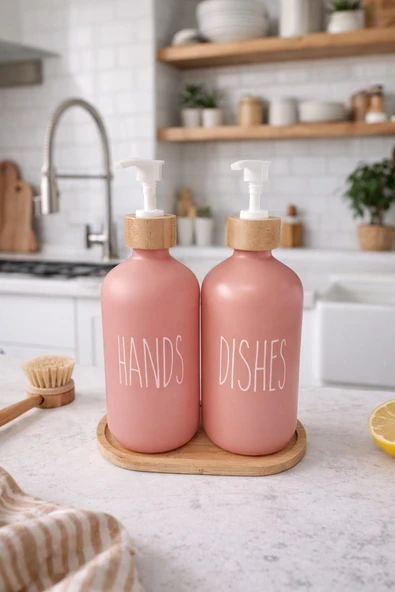 MAKRİ HOME Bambu Altlıklı Bambu Kapaklı İkili Cam Sıvı Sabunluk & Deterjanlık Seti – 2×500 ML- 16,5 x 9 x 21 cm ürün görseli 1