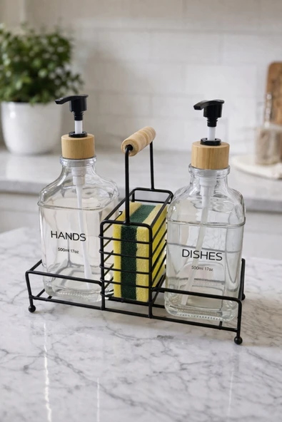 MAKRİ HOME Lüks Bambu Kulplu Siyah Metal Stantlı İkili Cam Sıvı Sabunluk 500 ml, 23x9x23,5 cm ürün görseli 1