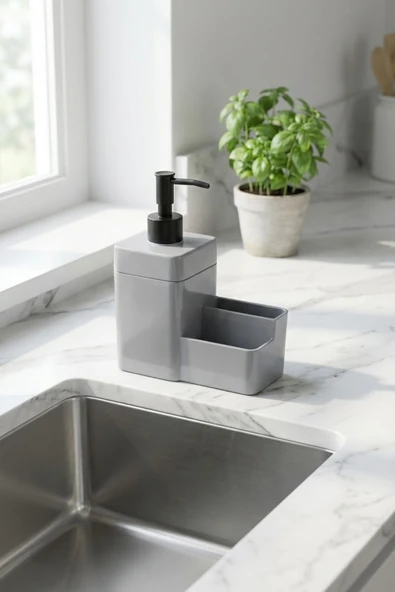 MAKRİ HOME Diamond Süngerlikli Sıvı Sabunluk 450 ml (19x16x8 cm) - Gri ürün görseli 1