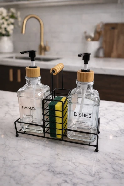 MAKRİ HOME Lüks Cam Ikili Sıvı Sabunluk & Deterjanlık Seti- 500 Ml Cam Sabunluk, Bambu Kulplu Metal Stantlı ürün görseli 1