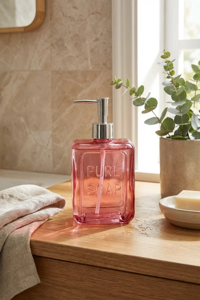 MAKRİ HOME Renkli Cam Sıvı Sabunluk, 500 ml, Pembe ürün görseli 1