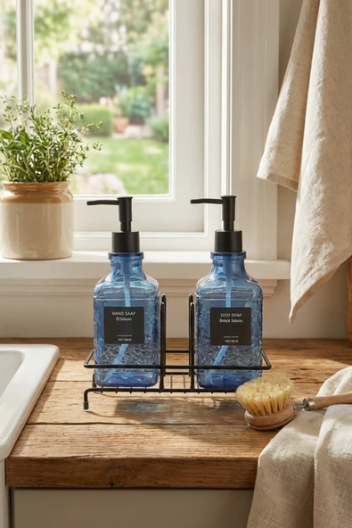 MAKRİ HOME Modern Cam Sıvı Sabunluk & Deterjanlık Seti-500 ml Cam Sabunluk, Metal Stand'lı ürün görseli 1