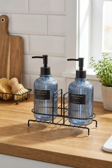MAKRİ HOME Modern Çizgili Yuvarlak Cam Ikili Sıvı Sabunluk & Deterjanlık Seti, Mavi - 500 Ml Cam Sabunluk ürün görseli 1