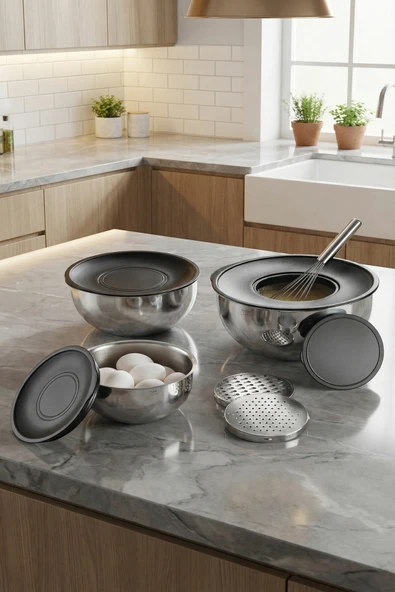 MAKRİ HOME 3'lü 304 Çelik Rendeli Saklama ve Karıştırma Kabı Seti (16 cm-1,35 Lt, 20 cm-2,70 Lt, 24 cm-4,60 Lt) ürün görseli 1
