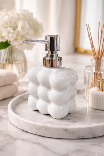 MAKRİ HOME Bubble Cam Sıvı Sabunluk, 300 ml - Beyaz, 9,5x6,5x15 cm ürün görseli 1