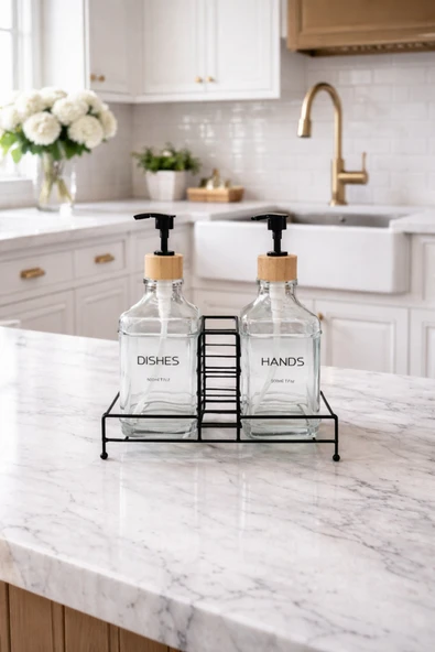 MAKRİ HOME Modern Cam Ikili Sıvı Sabunluk & Deterjanlık Seti-500 ml Cam Sabunluk, Metal Stand'lı ürün görseli 1