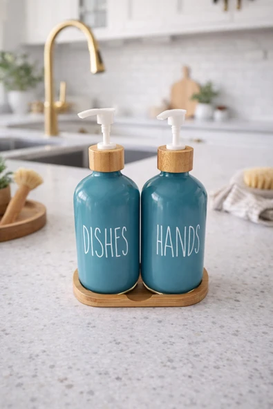 MAKRİ HOME Bambu Altlıklı Bambu Kapaklı İkili Cam Sıvı Sabunluk & Deterjanlık Seti – 2×500 ML- 16,5 x 9 x 21 cm ürün görseli 1