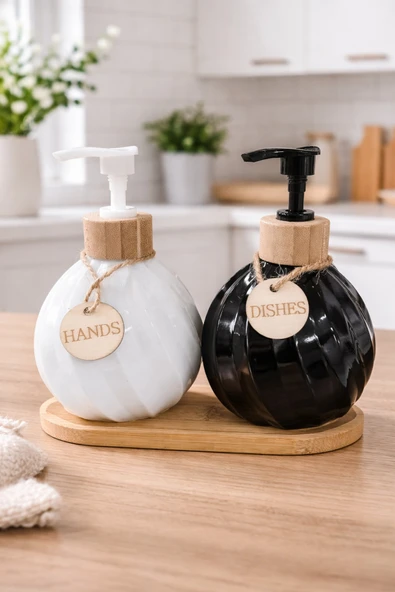 MAKRİ HOME 2'li Sıvı Sabunluk & Deterjanlık Seti, Bambu Stantlı, Stant 17,5x8,5 cm, Şişe 400 ml 15x10 cm ürün görseli 1