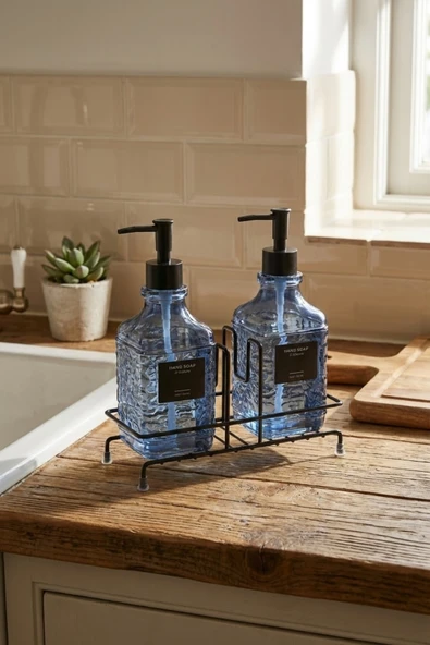 MAKRİ HOME Modern Kabartma Desenli Cam Ikili Sıvı Sabunluk & Deterjanlık Seti, Mavi - 500 Ml Cam Sabunluk ürün görseli 1