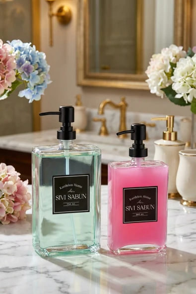 MAKRİ HOME 500 ml+750 ml İkili Modern ve Şık Tasarım Cam Sıvı Sabunluk ürün görseli 1