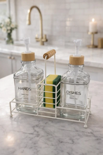 MAKRİ HOME Lüks Bambu Kulplu Beyaz Metal Stantlı İkili Cam Sıvı Sabunluk 500 ml, 23x9x23,5 cm ürün görseli 1