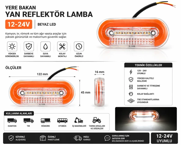 Mega Oto Market 12-24V  Sarı Yere Bakan Lamba Yan Reflektör Lamba – Su Geçirmez Kamyon Tır Römork Uyumlu 1 Adet ürün görseli 1