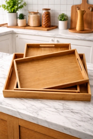 MAKRİ HOME 3'lü Dikdörtgen Bambu Tepsi Seti, Büyük: 29 x 41 cm, Orta: 26 x 37 cm, Küçük: 23 x 33 cm ürün görseli 1