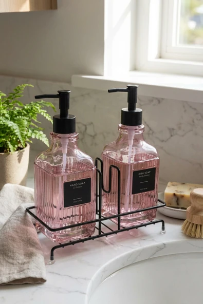 MAKRİ HOME Modern Çizgili Desenli Cam Ikili Sıvı Sabunluk & Deterjanlık Seti, Pembe- 500 Ml Cam Sabunluk ürün görseli 1