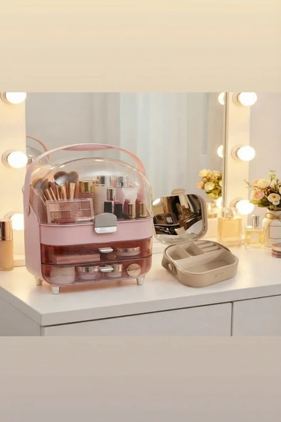 MAKRİ HOME Çok Bölmeli Şeffaf Çekmeceli Makyaj & Kozmetik Organizeri Pembe ve İkili Çekmeceli Organizer ürün görseli 1