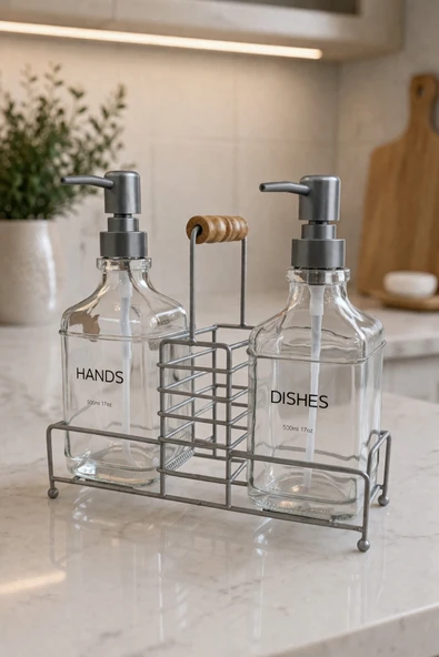 MAKRİ HOME Lüks Bambu Kulplu Gri Metal Stantlı İkili Cam Sıvı Sabunluk 500 ml, 23x9x23,5 cm ürün görseli 1