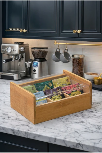 MAKRİ HOME Bambu Çay Kutusu Şeffaf Kapaklı Poşet Çay Saklama Organizatörü Bölmeli Tea Box ürün görseli 1
