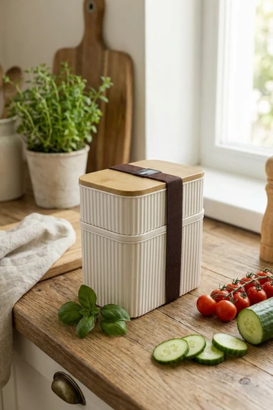 MAKRİ HOME 2 Parça Bambu Kapaklı Saklama Kabı Seti - 1L + 0,5L | Üst Üste Koyulabilir ürün görseli 1