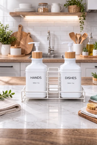 MAKRİ HOME Stantlı Bambu Kapaklı İkili Cam Sıvı Sabunluk & Deterjanlık Seti – 2×500 ml, 22,5 × 8,5 × 24 cm ürün görseli 1