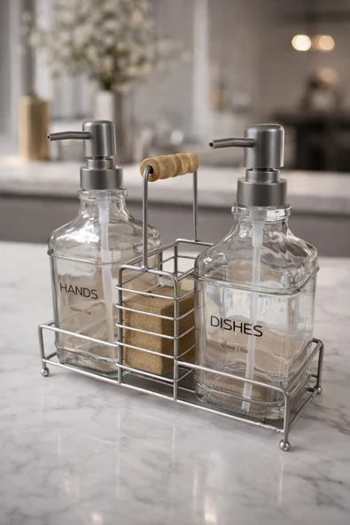 MAKRİ HOME Lüks Cam Ikili Sıvı Sabunluk & Deterjanlık Seti-500 ml Cam Sabunluk, Bambu Kulplu Metal Stantlı ürün görseli 1