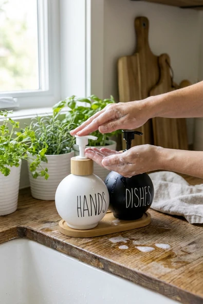 MAKRİ HOME 2'li Cam Sıvı Sabunluk Seti ve Bambu Stant (450 ml) | Siyah-Beyaz ürün görseli 1