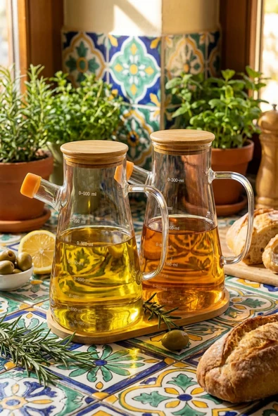 MAKRİ HOME 2'li 900 ml Bambu Kapaklı ve Altlıklı Borosilikat Cam Yağlık/Sirkelik/Sosluk ürün görseli 1