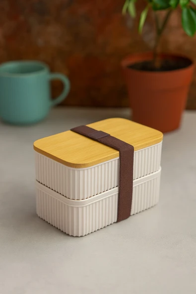 MAKRİ HOME Bambu Kapaklı 2'li Saklama Kabı Seti – 0,5+0,5 Litre – Üst Üste Konabilir – 15x9x10 cm ürün görseli 1