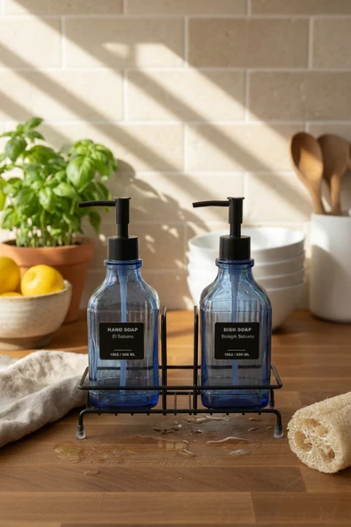 MAKRİ HOME Modern Çizgili Desenli Cam Ikili Sıvı Sabunluk & Deterjanlık Seti, Mavi - 500 Ml Cam Sabunluk ürün görseli 1