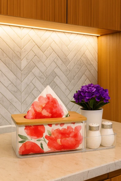 MAKRİ HOME Bambu Kapaklı Plastik Peçetelik ve Organizer, 25 x 12 x 10 cm ürün görseli 1