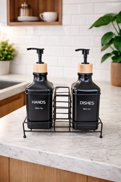 MAKRİ HOME Stantlı Bambu Kapaklı İkili Cam Sıvı Sabunluk & Deterjanlık Seti – 2×500 ml, 22,5 × 8,5 × 24 cm ürün görseli 1