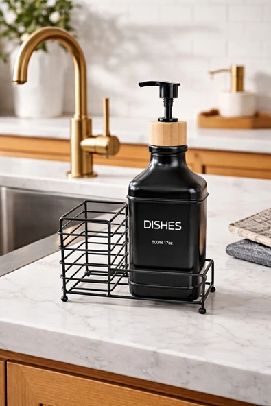 MAKRİ HOME Metal Stantlı Bambu Kapaklı Cam Sıvı Sabunluk/Deterjanlık, 500 ml, 15 × 8,5 × 23 cm ürün görseli 1