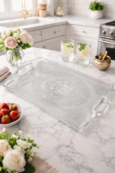 MAKRİ HOME 50x34 cm Şeffaf Motifli Büyük Boy Plastik Kulplu Tepsi, Şık Kristal Sunum Tepsisi ürün görseli 1